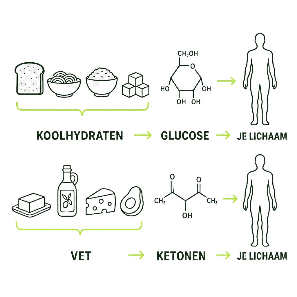 Koolhydraten worden glucose, vet wordt ketonen