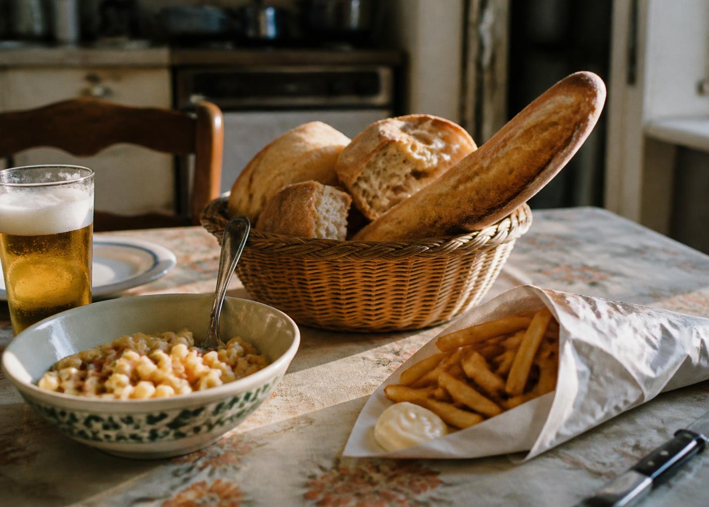 Een Belgische tafel met brood, pasta en frieten